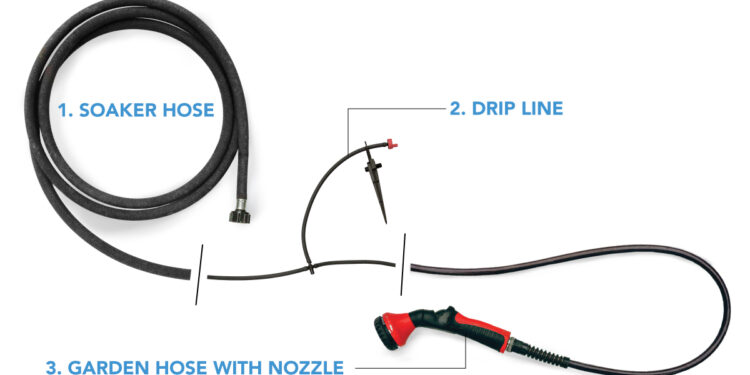 soaker hose drip line and garden hose with nozzle