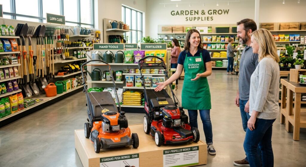 How a Garden Supply Store Sells Two Types of Lawn Mowers