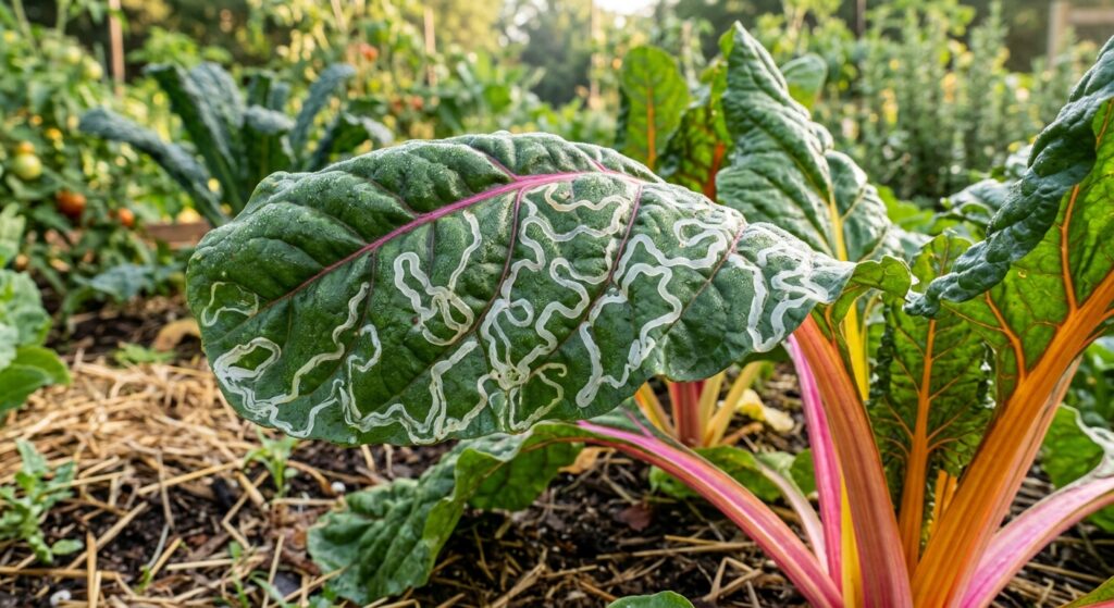Common pests of chard - leaf miner tunnels and aphids on swiss chard leaf