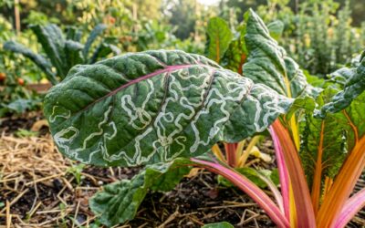 Common pests of chard - leaf miner tunnels and aphids on swiss chard leaf