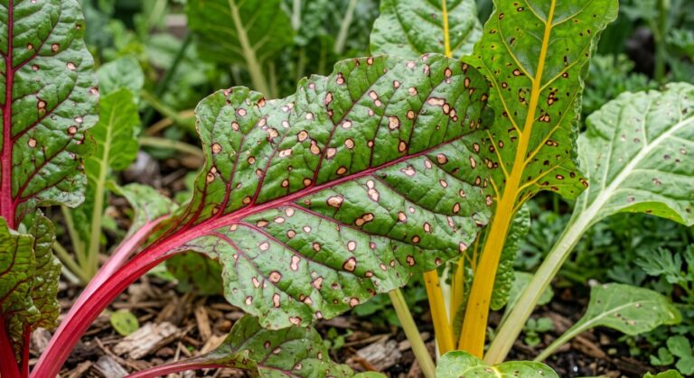 Swiss chard diseases - cercospora leaf spots on rainbow chard leaves