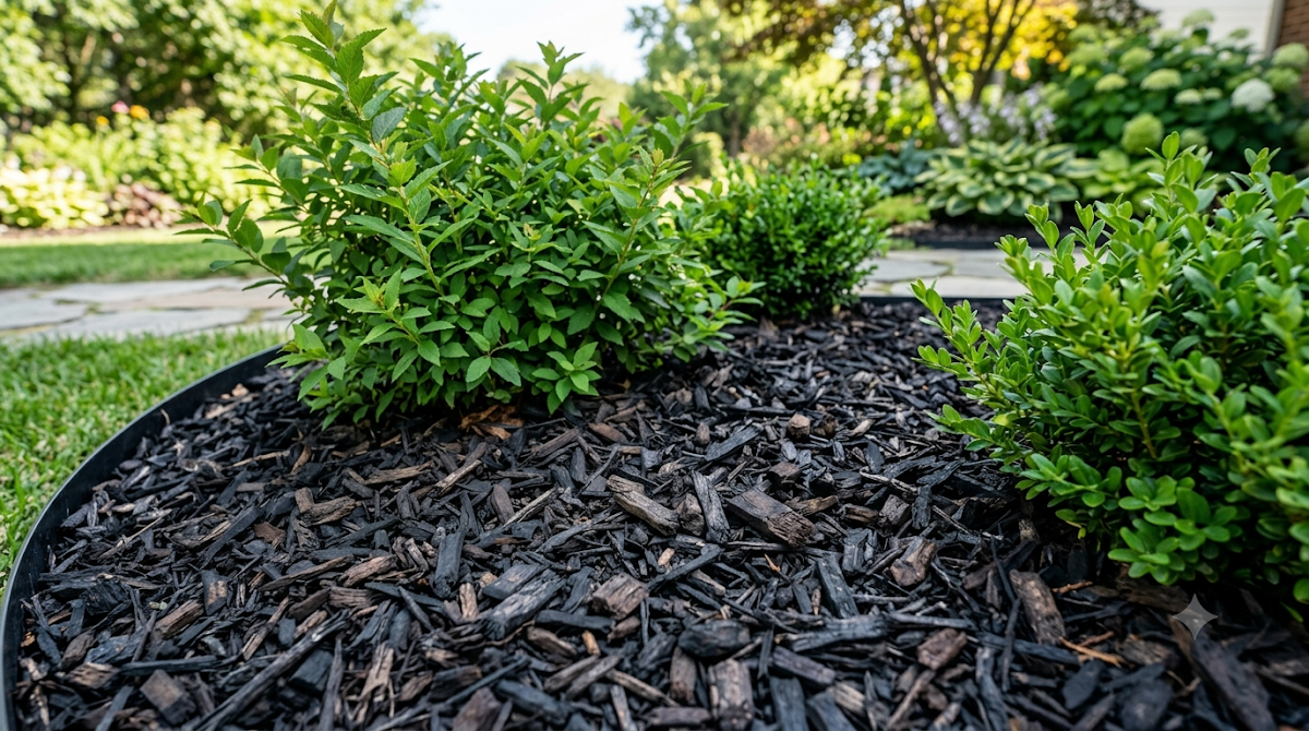 Wood Mulch vs Rubber: Which Is Better for Lawns? Recycled rubber mulch installed in garden landscape bed