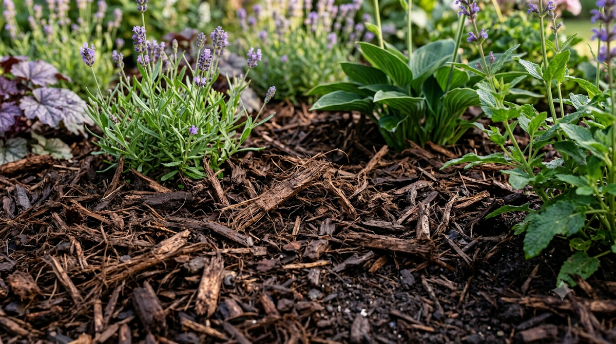 Wood Mulch vs Rubber: Which Is Better for Lawns? Organic shredded hardwood bark mulch enriching garden soil